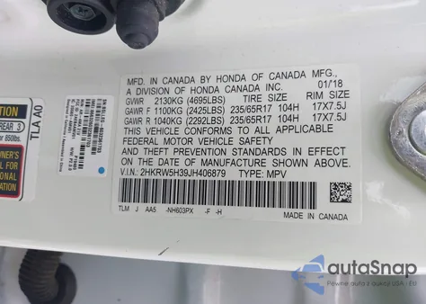 2018 Honda Cr-V Lx z USA, uszkodzony, nr VIN 2HKRW5H39JH406879